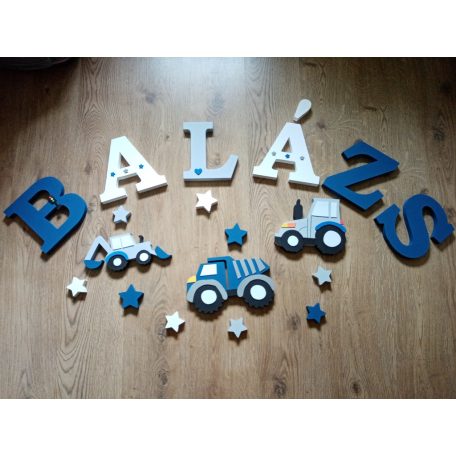 Dekorbetű, dekornév, munkagépes szett  3 munkagéppel 20 cm magas betűkkel, babaváró, babaszoba dekoráció